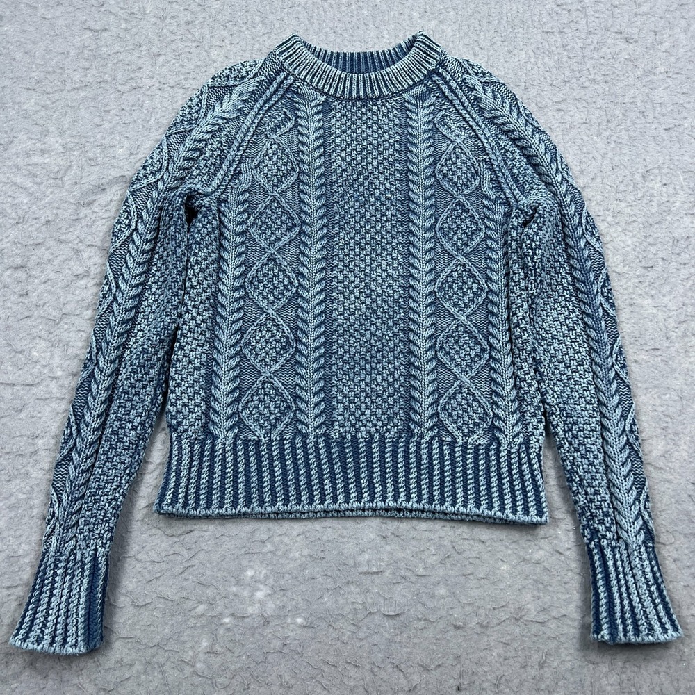 LL Bean Signature Sweater Womens Small Blue Indigo Fisherman Mineral Wash Cable